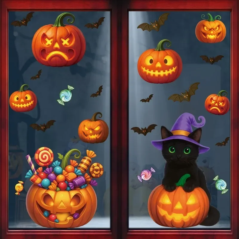 Halloween Fensterglas-Aufkleber Cartoon Kürbislaterne Süßigkeiten Fledermaus Totenkopf Hexenhut Statische Aufkleber Fröhlicher Halloween-Tag Party-Dekoration – Detail 5