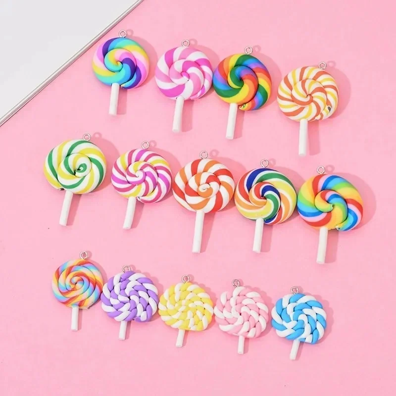 10Pcs Girls Lovely Random Color Soft Clay Lollipop Charms Simulation Candy Pendants For Handmade Necklace Earring Decor - view 3