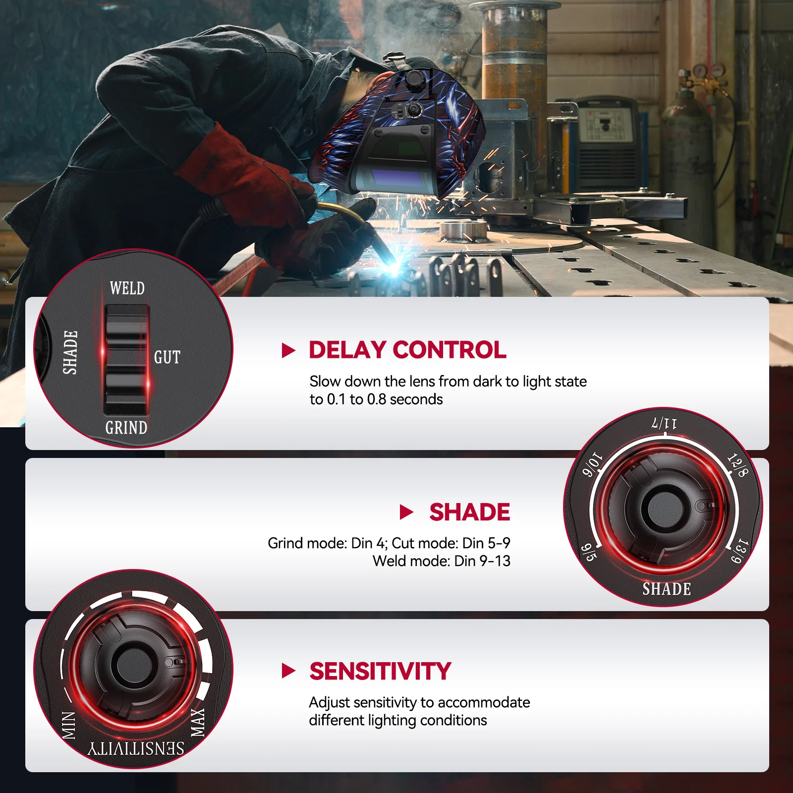 ARCCAPTAIN 용접 헬멧 자동 어두워지는 4 아크 센서(180 포함) °   파노라마 측면도 트루 컬러 용접 마스크 ARC MIG MAG TIG CUT