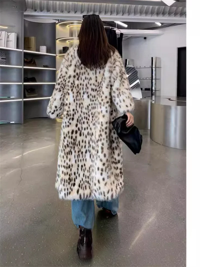 S-9XL Winter Thick Warm Big Turn-down Neck Yellow Dot Windbreaker Coat Women Faux Mink Fur Leopard Long Overcoat Loose Trench