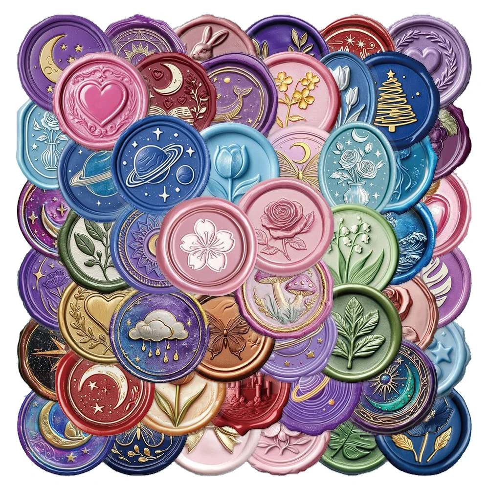 10/30/50pcs Transparent Vintage Embossed Wax Seal Stickers Colorful Graffiti Decals for Suitcase Motorcycle Helmet Cute Sticker