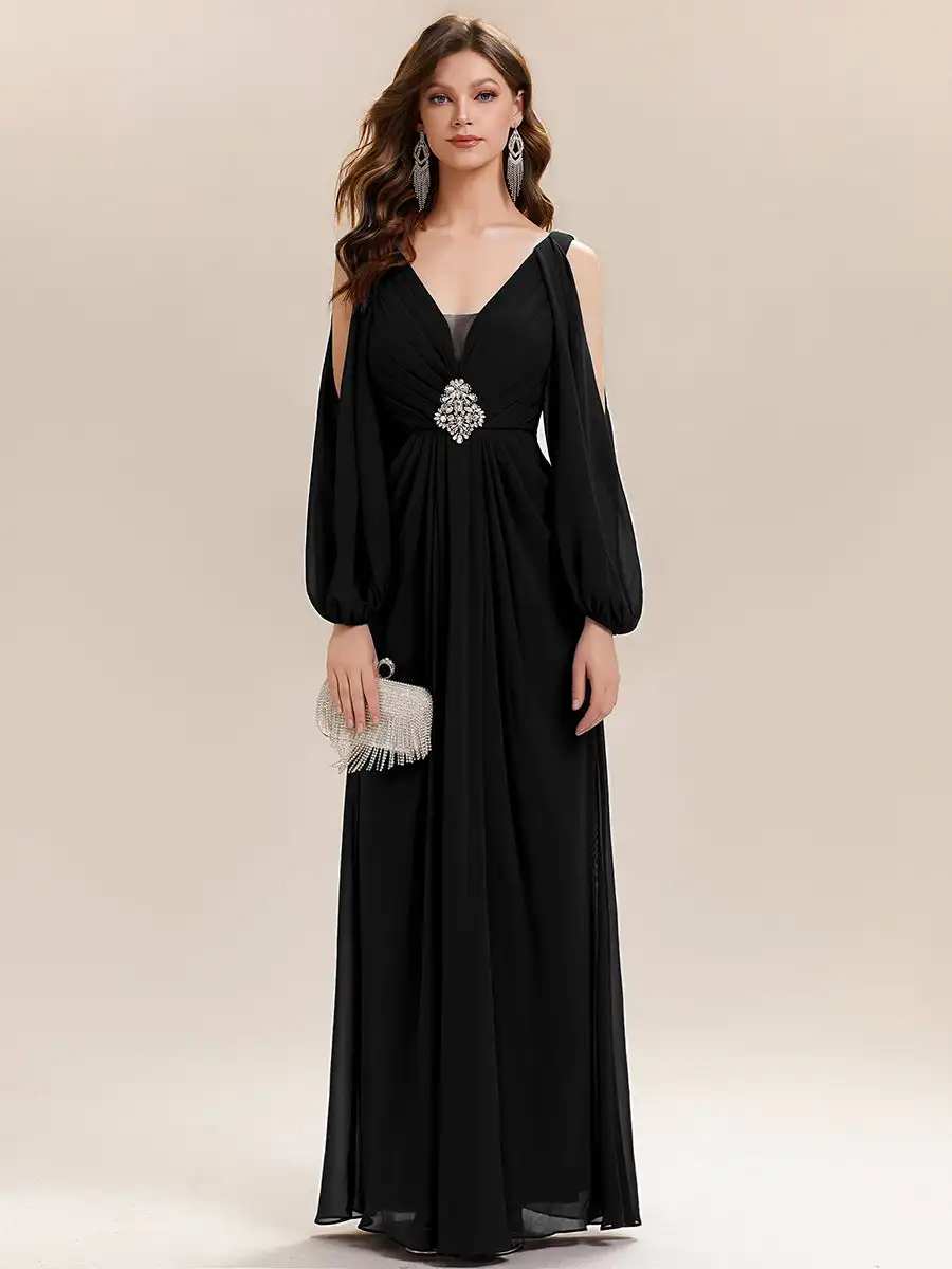 

BAZIIINGAAA Party Dress A Long Sleeve Lantern Sleeve A-Line Floor Length V-Neck Wedding Guest Dresses Evening dress