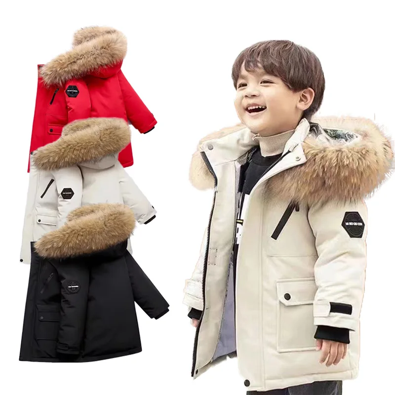 Children Thickened Down Jackets Boys Winter Large Fur Collar Coats 2024 New Kids Warm Hooded Outerwear Teenager Cotton Clothing