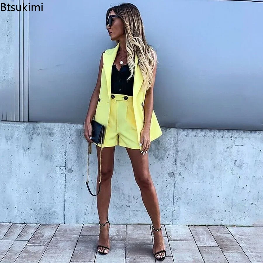 Spring Summer Women\'s 2PCS Sets Suits Vest with Shorts Office Ladies Tracksuits Two Piece Set Suit Coat and Shorts Set Outfits