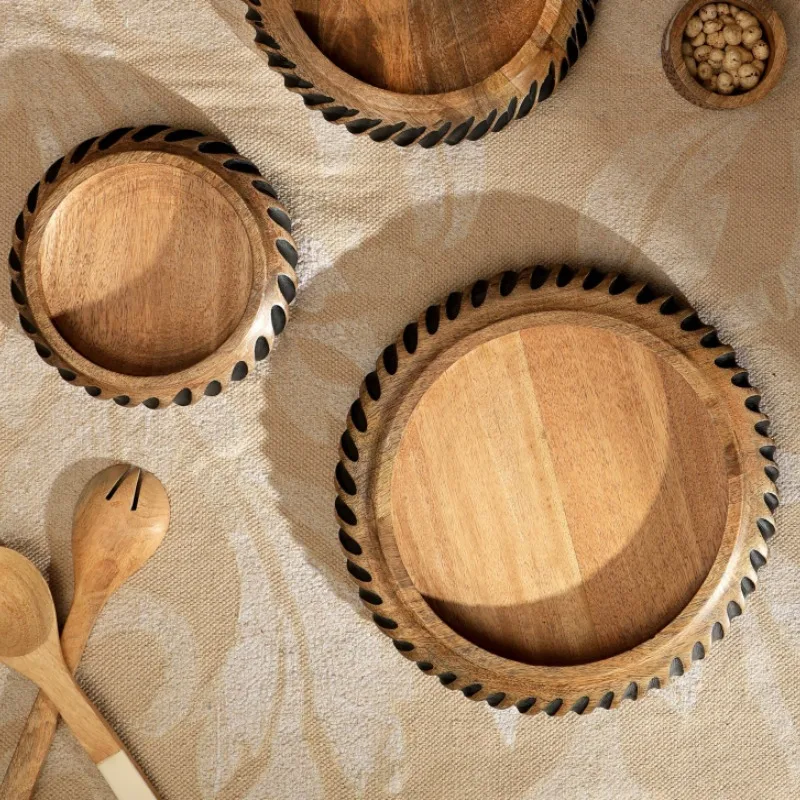 Mangkuk Kayu Mangga Buatan Tangan dengan Pengisi Hitam Dekorasi Fungsional Unik untuk Buah dan Camilan Aksen Rumah yang Bergaya