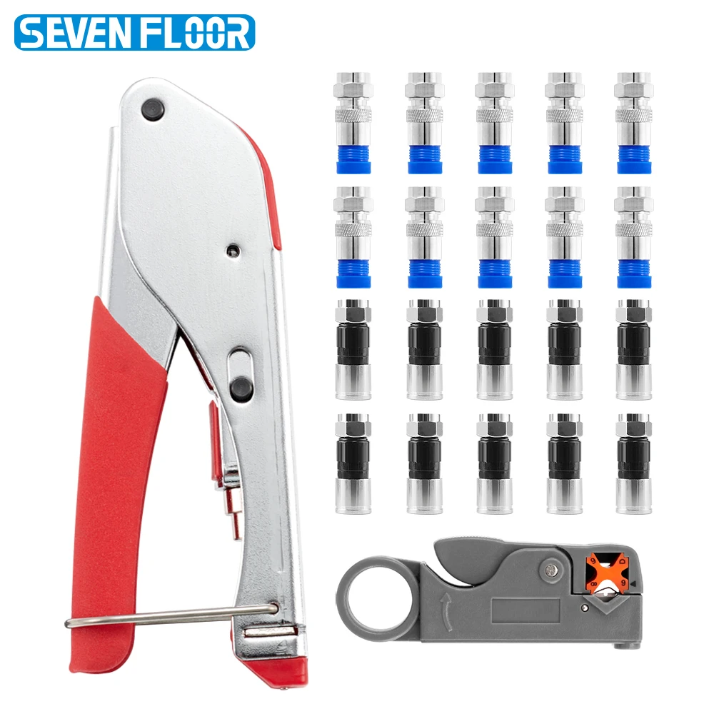 Adjustable Coaxial Cable Crimper Kit with F Style Connectors RG6 RG11 Coax Compression Tool Stripper for Network