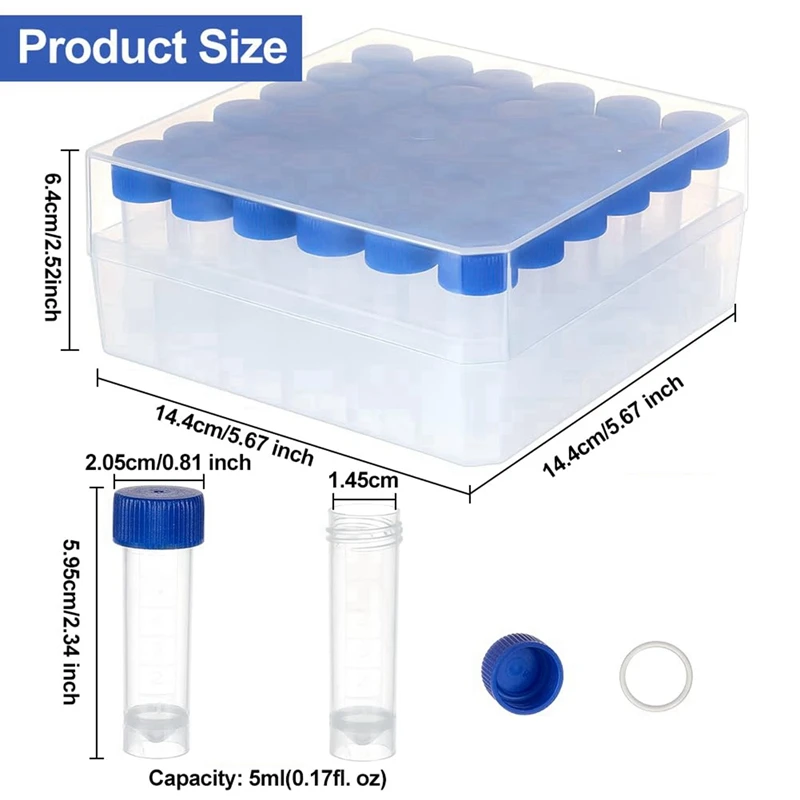 Tubes cryogéniques de 5Ml, flacons en plastique avec bouchons à vis, petits Tubes d'échantillon, Tubes à essai avec boîte de rangement pour fournitures de laboratoire, 2025 à 72 pièces