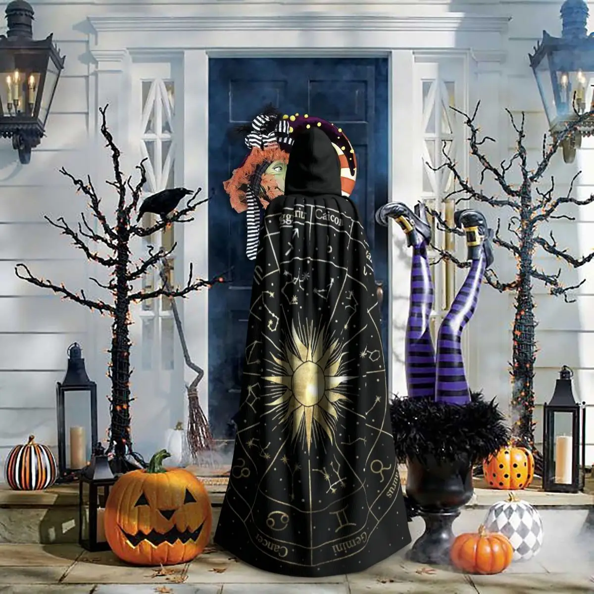 Roda de horóscopo com signos do zodíaco, capa longa com capuz, fantasia medieval de bruxa, capa cosplay, festa de halloween, adulto, unissex