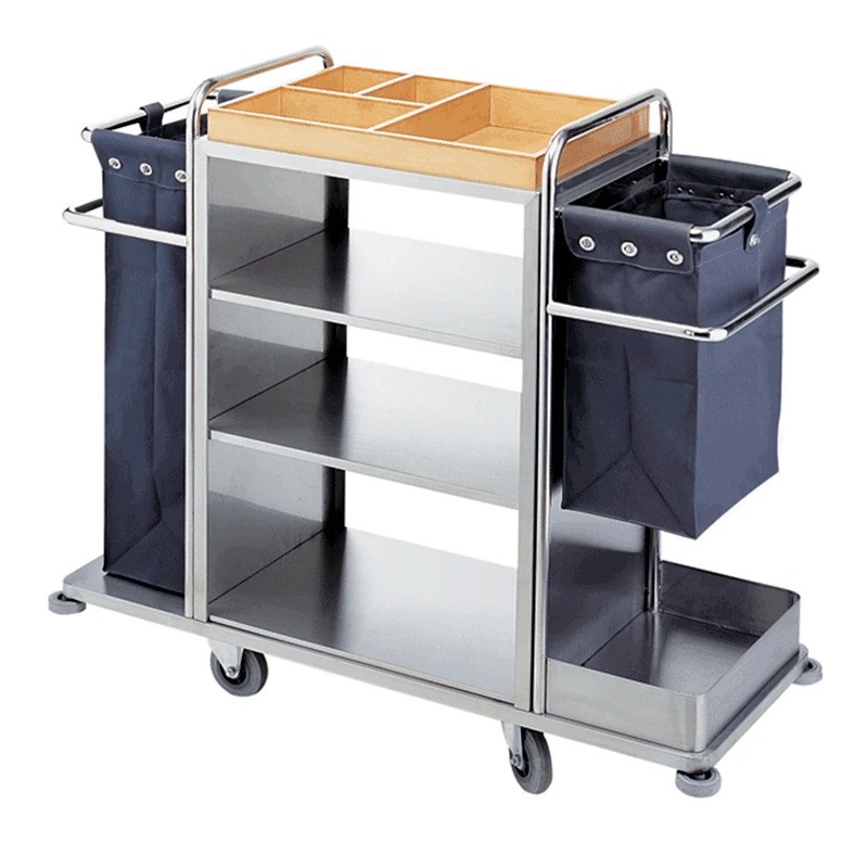 Stainless steel double pass hotel linen cart guest room cleaning multi function