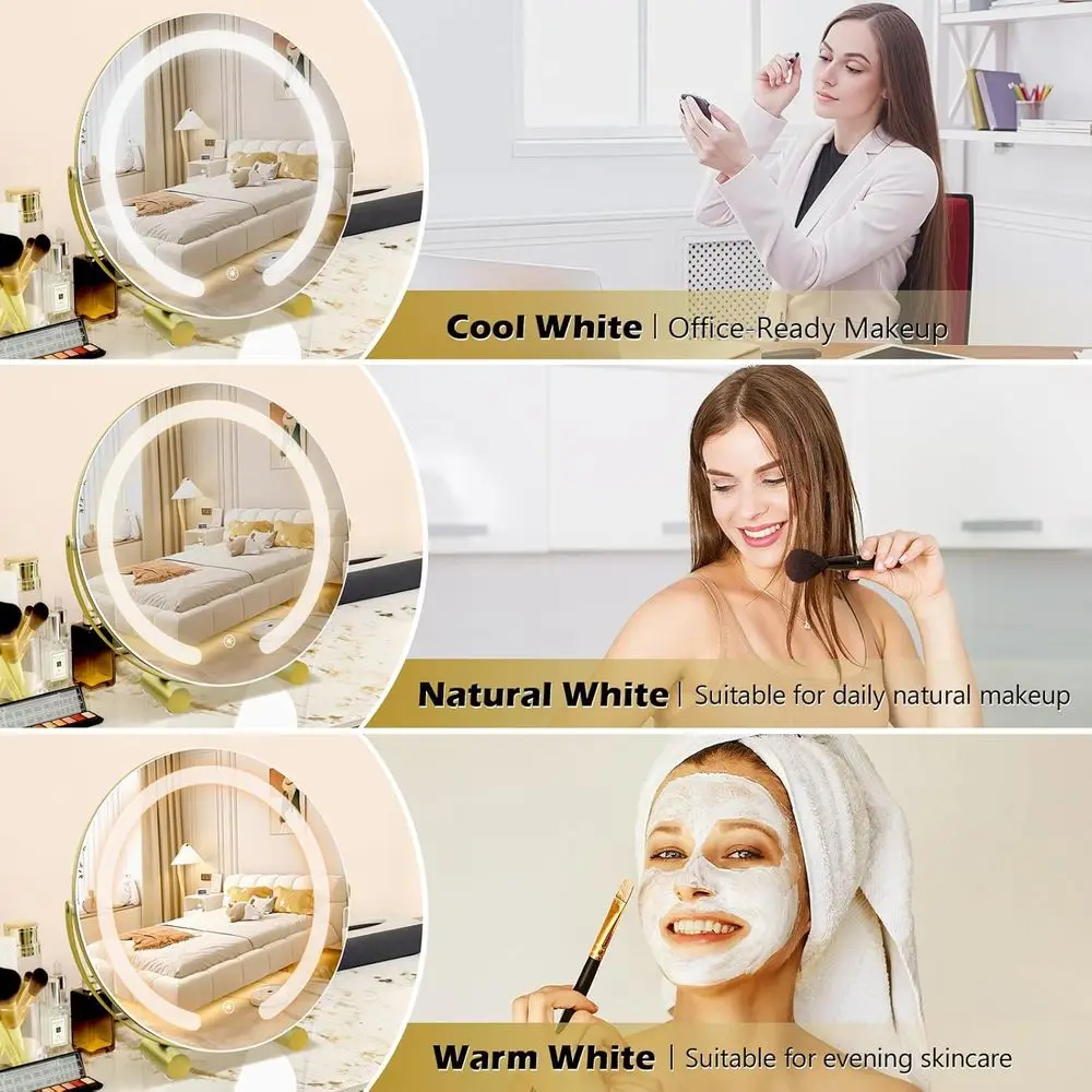 مرآة زينة LED عالية الدقة 12 مع إضاءة ذكية تعمل باللمس بثلاثة ألوان، قابلة للتعتيم، 360 درجة ° دوران للمكياج وغرفة النوم (ذهبي) #4