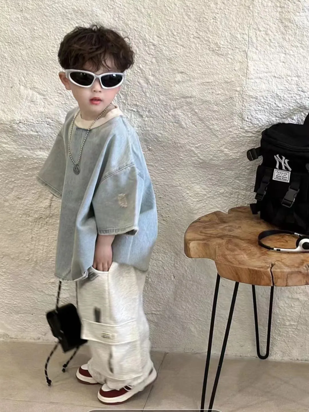 

Boys Summer Set Fashionable Denim Hole-Tee Shirt And Shorts Two-Piece Set Short-Sleeved Top Kids' Trendy Outfit