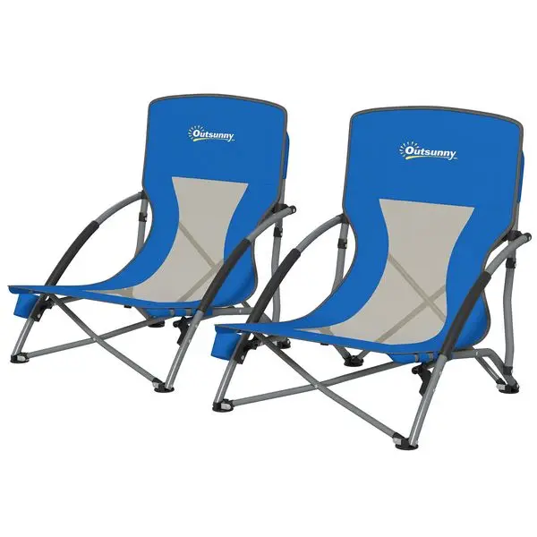 

Outsunny Set of 2 Folding Beach Chairs with Mesh Back, Carry Bag and Cup Holder for Outdoor Camping Lawn Sports Picnic Dark Blue