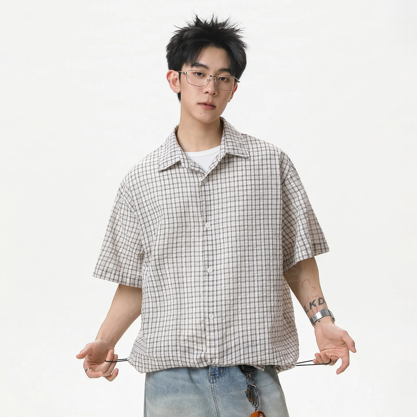 TFETTERS 2026 Summer Men's Adjustable Hem Gingham Plaid Shirt Checked half Sleeve Oversized Loose Comfortable Male Casual Shirts