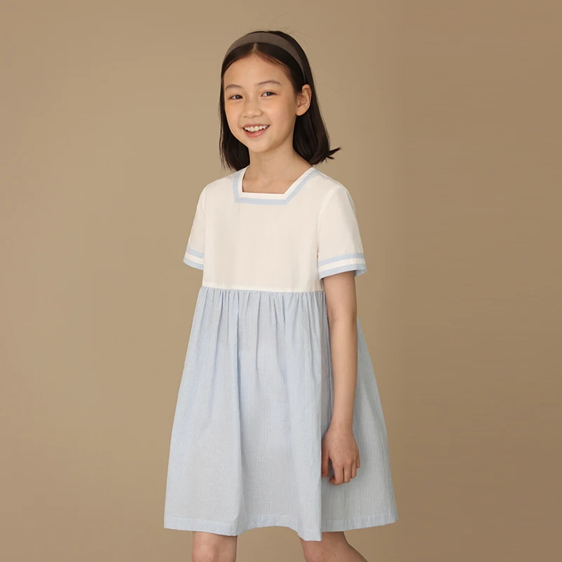 

Childern's Clothing Short Sleeved Square Collar Striped Preppy Style Casual Summer Dress for Kid