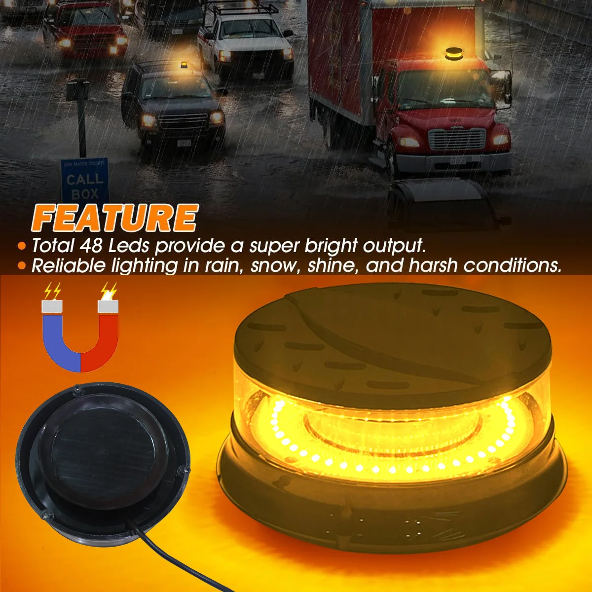 High Brightness Yellow LED Strobe Warning Light, Strong Magnetic Base Roof Mount Flashing Lamp 12-24V for Engineering Vehicle