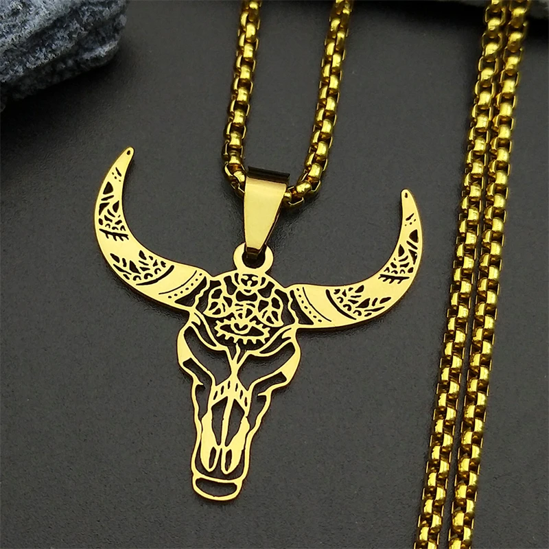 Hohl Rinder Bull Halsketten Für Frauen Männer Edelstahl Gold Silber Farbe Böhmen Tier Kopf Männliche Kette Schmuck Geschenke – Detail 4