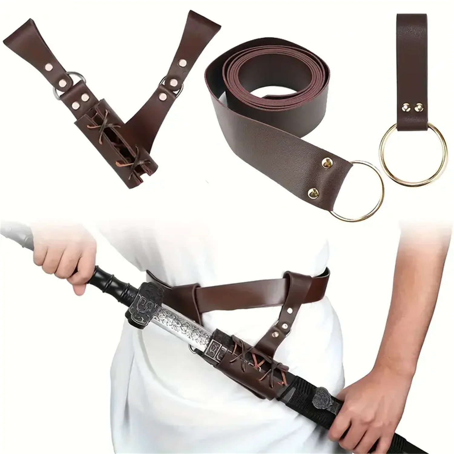 

3PCS Viking Warrior Leather Belt & Keychain Set Medieval Halloween Costume Accessories Punk Rock Style PU Leather Cosplay Belt