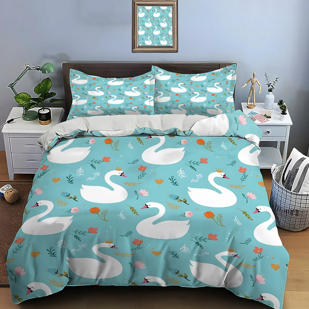White swan pattern on blue Pattern Duvet Cover Set Digital Print Colorful Polyester Bedding with Zipper Closur for kids gifts