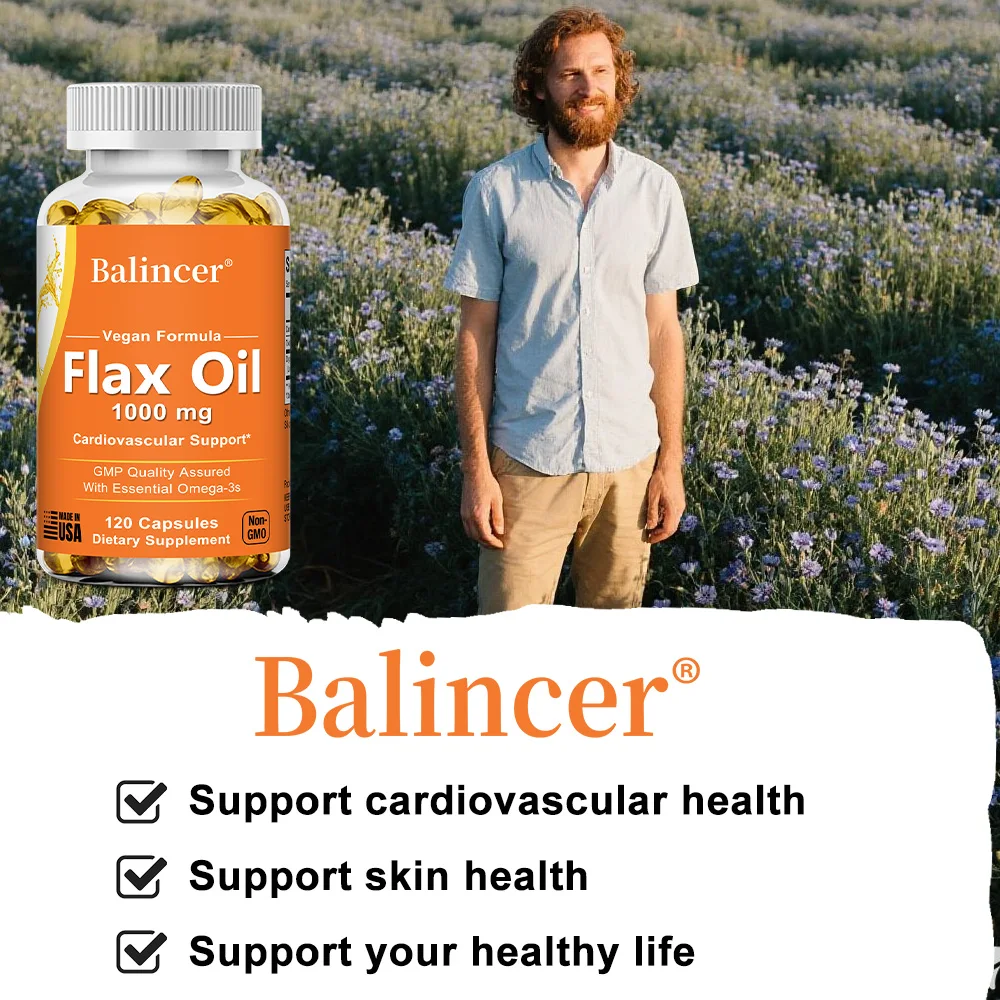Flaxseed Oil 1000mg + Omega-3 Capsules, Plant-Based Omega 3-6-9, Heart Brain Eye Joint Skin Immune & Cardiovascular Support