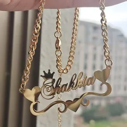 Custom Crown Heart Name Necklace Women Girl Jewelry Stainless Steel Personalized Gold Color Nameplate Pendant Necklace BFF Gifts