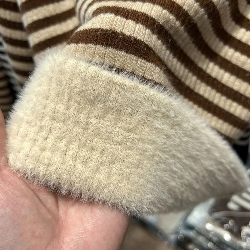 Stripe Plus Velvet Winter Sweater Women Korean Fashion Half High Collar Knit Pullover Oversized Loose Long Sleeve Knitwear Top