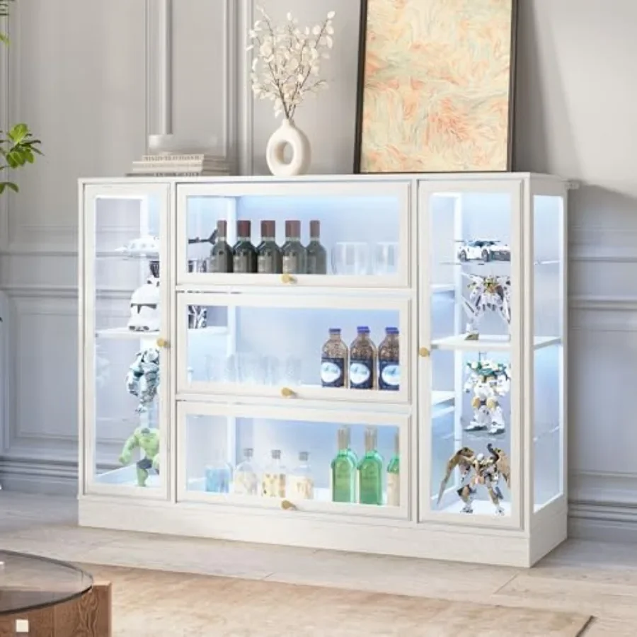 Display cabinet for collectibles and toys, acrylic glass doors, extra wide curio cabinet with LED lighting, clear color, sleek