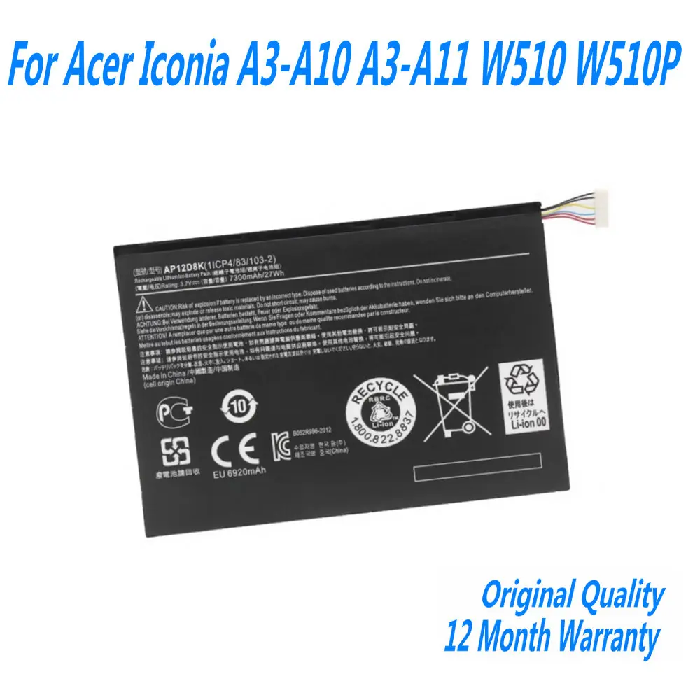 

New 3.7V 27Wh AP12D8K Battery For Acer Iconia A3-A10 A3-A11 W510 W510P Tablet PC