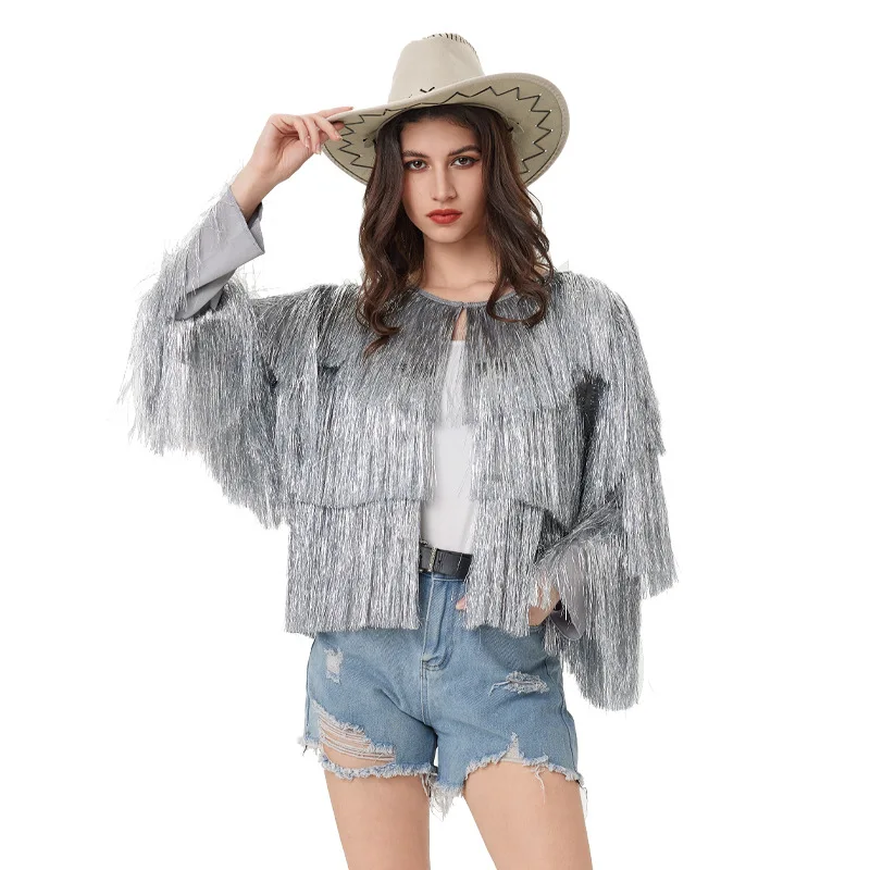 Chic Silver Fringe Jacket With Long Sleeves And Open Front For Women Perfect For Spring And Summer