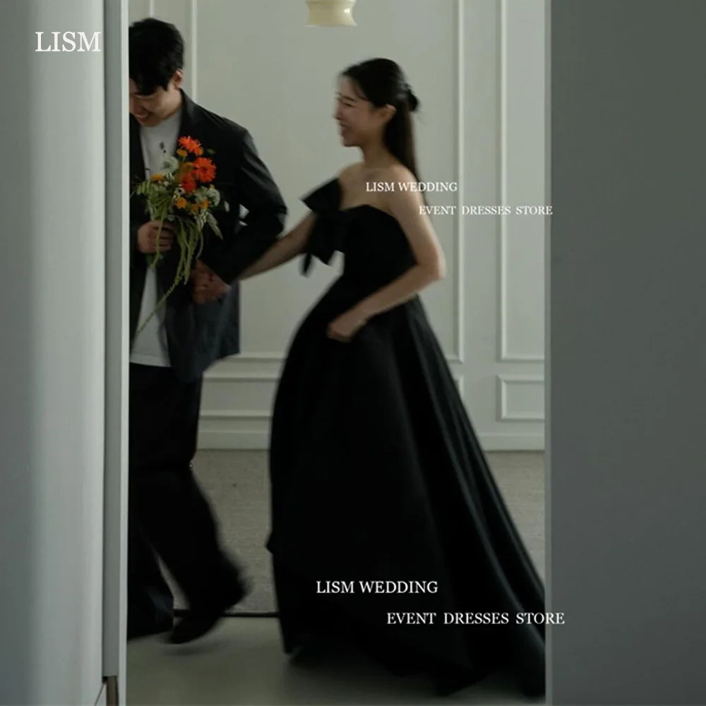 

LISM 2024 Elegant Black A-line Wedding Dresses Strapless Floor Length Formal For Korean Women Bridal Gowns With Bow Photo Shoot