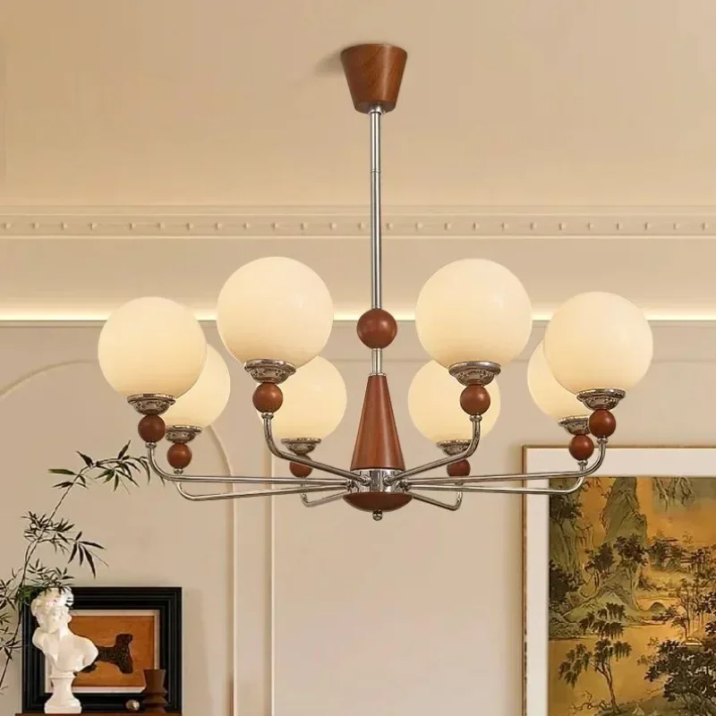 

SANDYHA Vintage Wood LED Pendant Lamp Magic Bean Glass Chandelier For Bedroom Living Room Dining Table Home Decoration Hanging