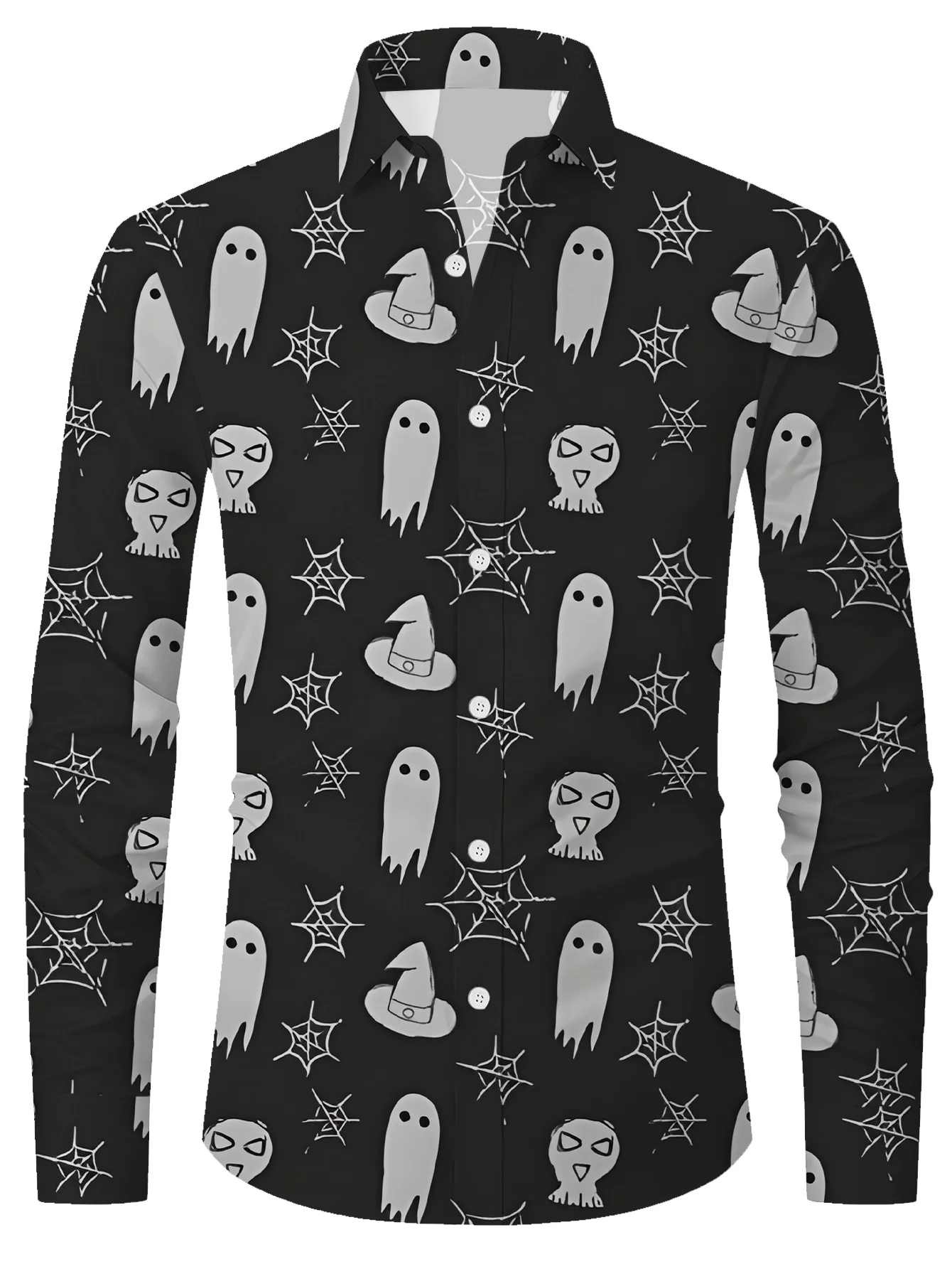 Men Long-Sleeve Button-Down Shirt Black Cartoon Ghost Spider Web Print Polyester Lapel Collar Halloween Party Top