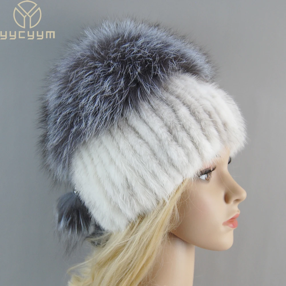 2024 Fashion Brand New Female Mink Fur Hat Women Winter Hat Knitted Mink Fox Fur Cap Female Warm Hat Cap Silver Fox Part More