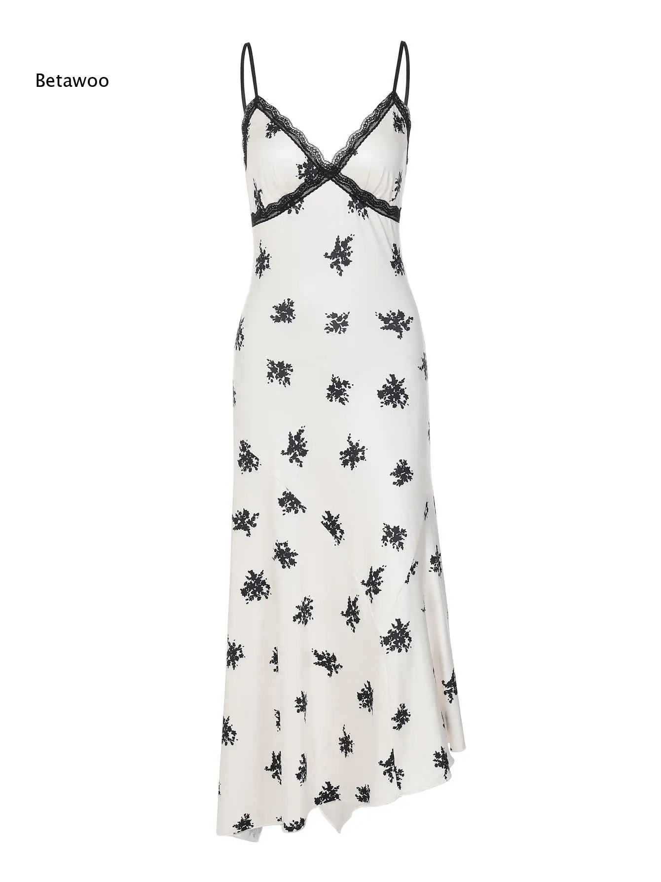 Vintage Black Floral Print Satin Midi Dress Contrast Lace Trim V Neck Thin Straps Asymmetrical Flowy Hem Slip Gown