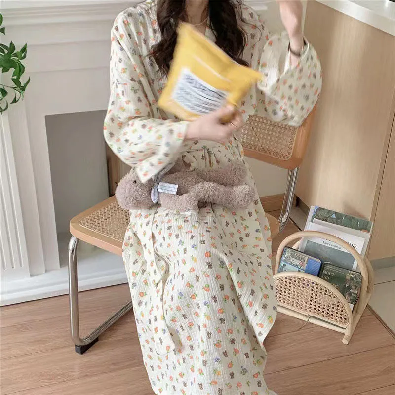 Full Sleeve Pajamas for Women Spring Autumn Pajama Cherry Flower Printed Cute Sweet Long Loose Bathrobe Cute V-neck Nifgtdress