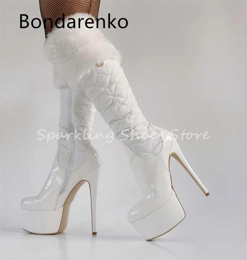 White Plush Splicing Leather Boots Women Knee Hight Boots Chunky Platfrom Hight Heel Side Zipper Shoes Ladies Winter Warm Boots