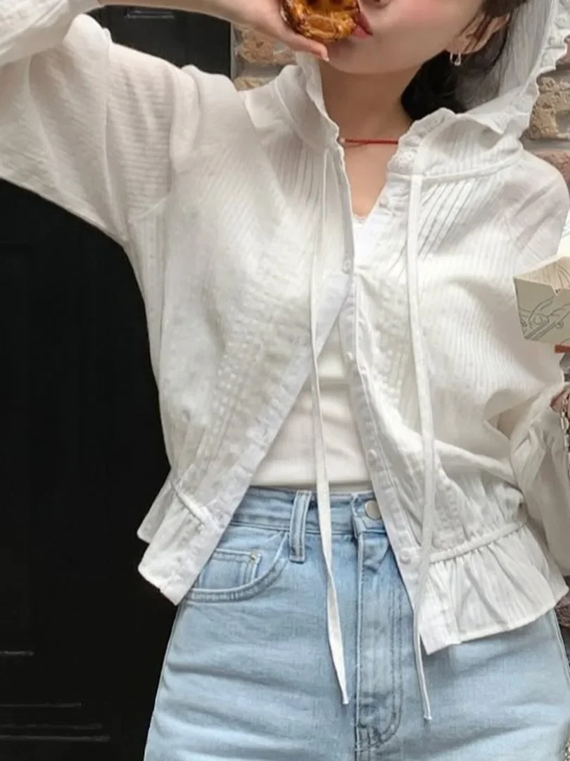 

Шикарная летняя новая милая шляпа с завязкой на талии Ort Long Sve Sun Protection Irt Top Женская модная повседневная блузка