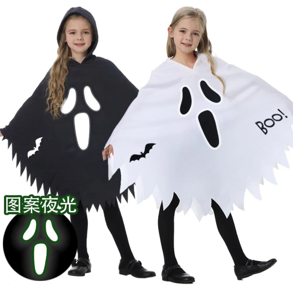 Capa de disfraz de fantasma gritando para niños: capa blanca de Halloween con capucha para niños y niñas, fiestas de disfraces y festivales