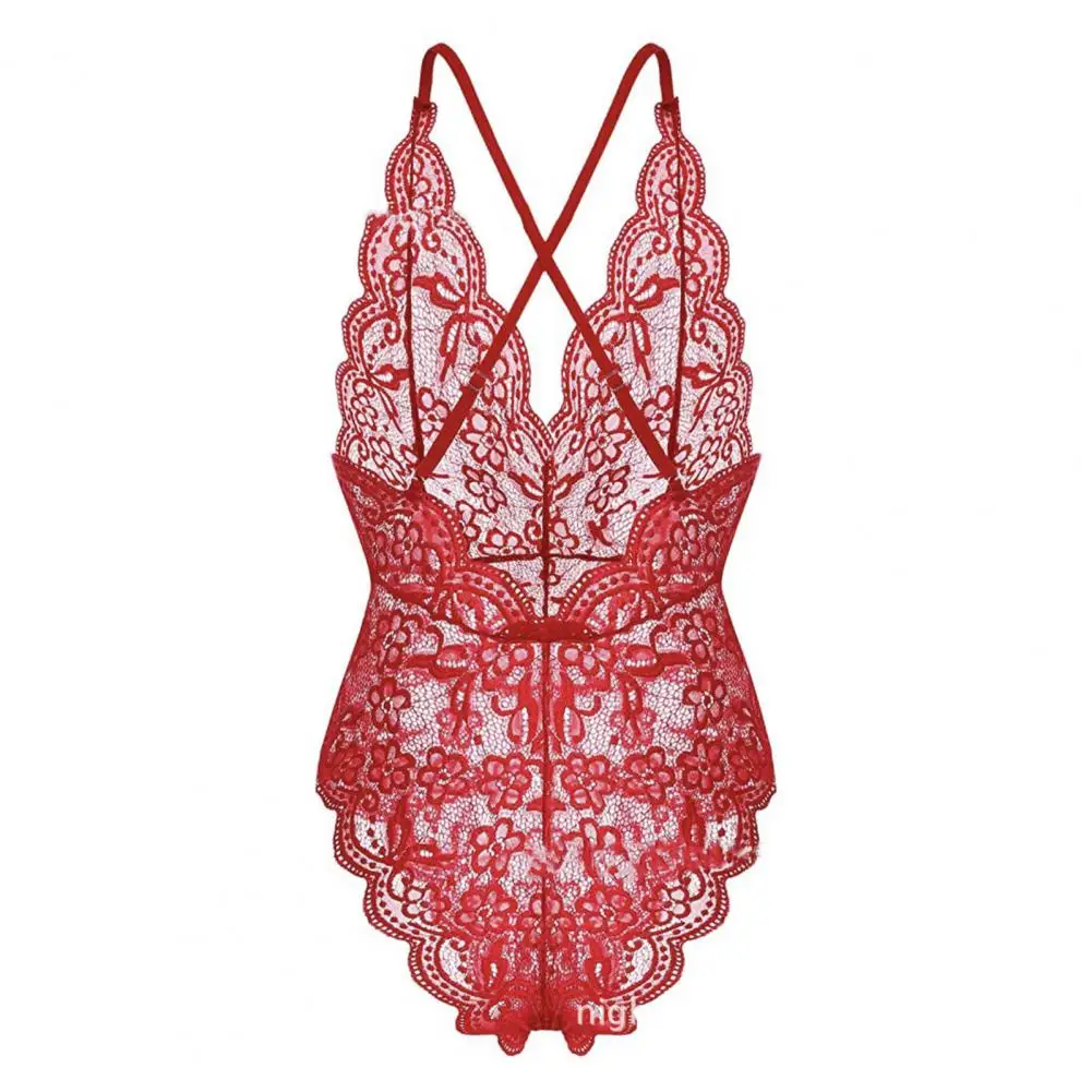 Deep V Neck Sling Bodysuit Underwear One Piece Sexy See Through Lace Pajama Pure Color Thin Bodysuit Underwear Sleepwear 80%