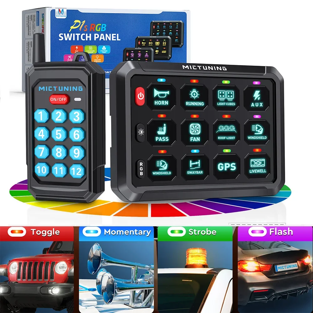 

P1Y Advanced 12-Zone Toggle Switch Panel with Wireless Remote RGB Colors Toggle Switch Momentary Circuit Control Relay