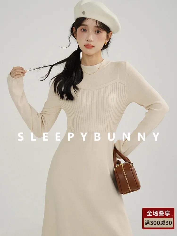 Vestido feminino de malha meio gola alta, inverno, slim fit, midi, suéter, camada base elegante para molduras pequenas, quente e elegante