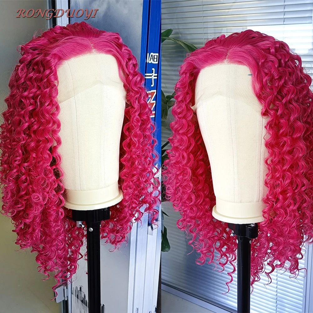 Kongduoyi Wig renda sintetis keriting pendek merah muda mawar Wig Depan serat tahan panas garis rambut alami bagian tengah Cosplay renda