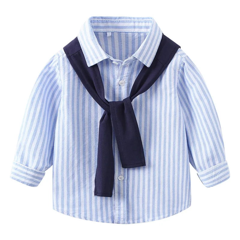 Spring Autumn Simple Casual Boys\' Long Sleeve Striped Shirt, Comfortable Cotton Kids with Shawl Top, 2 Colors, for Ages 3-8