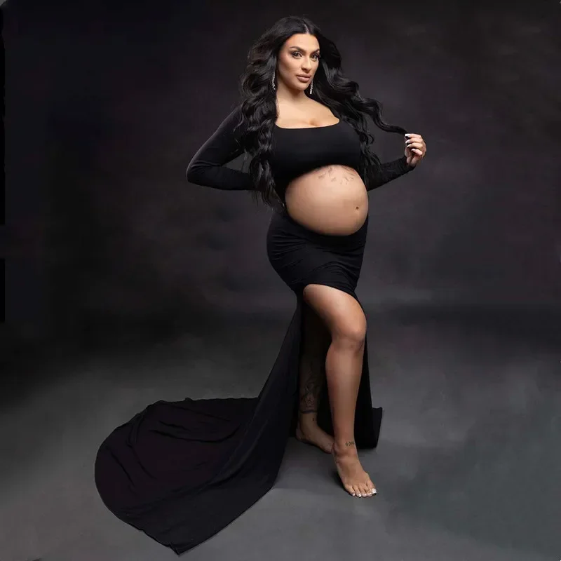 

Sexy Split Maternity Dresses Photography Props Long Women's Pregnancy Shooting Gown For Full Sleeve Pregnant Photo Session Dress