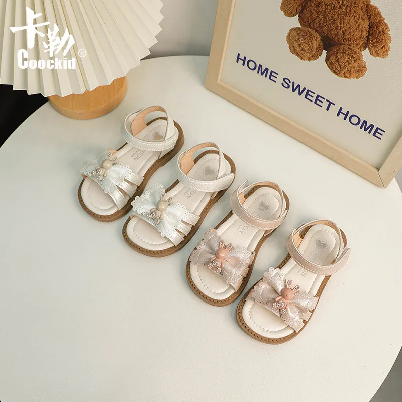 

Girls Cute Sweet Open Toe Sandals 2024 Summer New Soft Soled Small Rabbit Bow Shoes