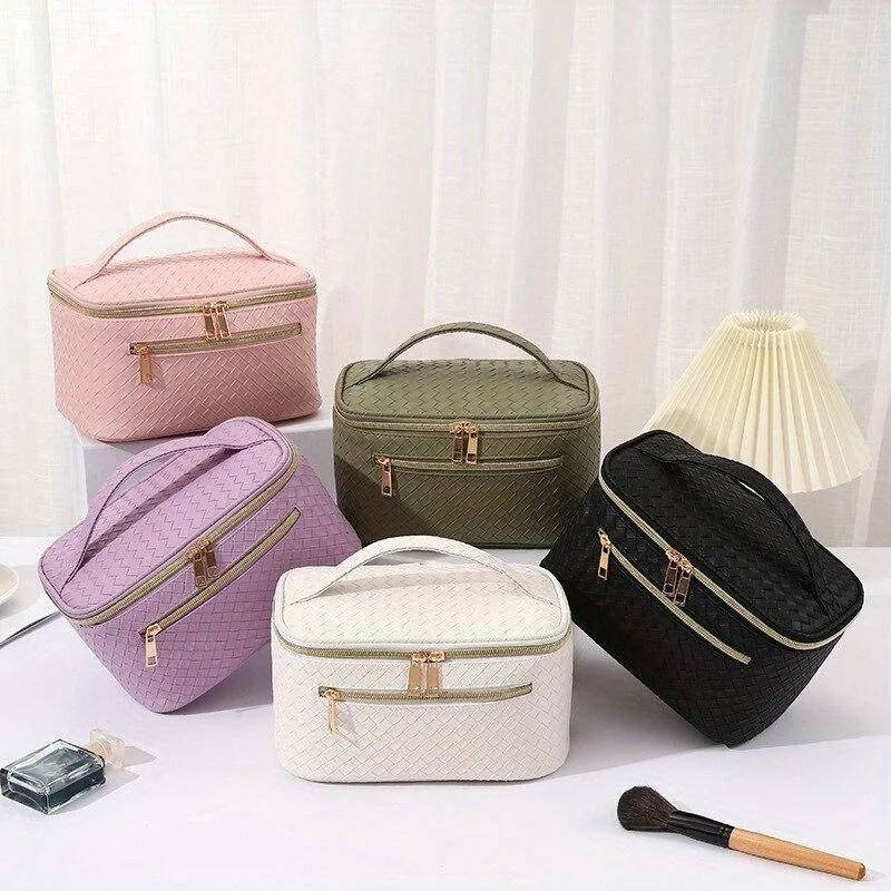 

Large Capacity Makeup Organizer PU Leather Cosmetics Bag Women Toiletries Organizer Waterproof Female Plaid Makeup Case