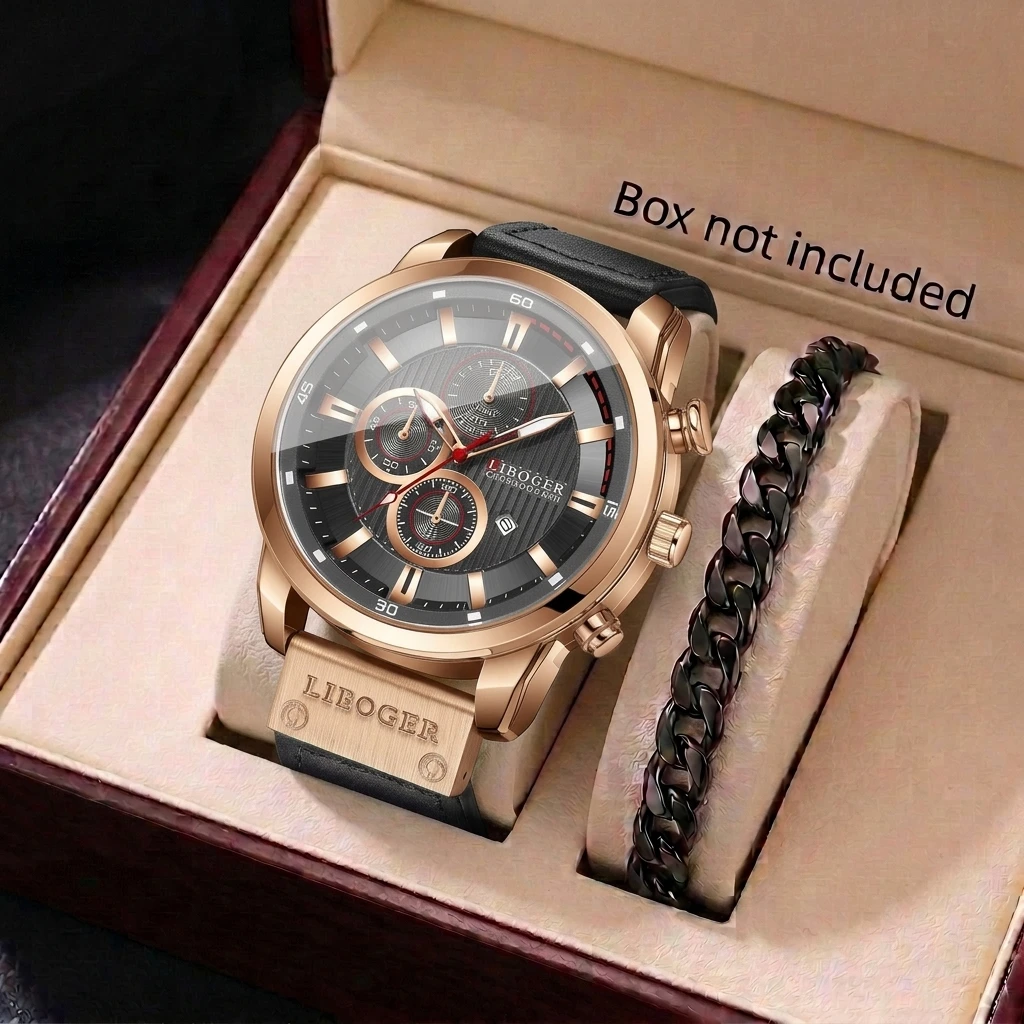 2PCS Fashion Men Calendar Quar - Leather Watch Band Men review and price