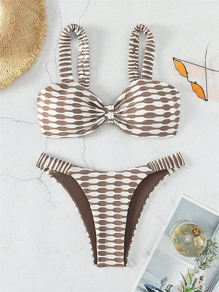 Sexy Khaki Plaid Print Bikinis Sets 2025 Women Luxury Stripe Front Bow Push Up Micro Swimsuit Summer Bathing Suit Thong Swimwear