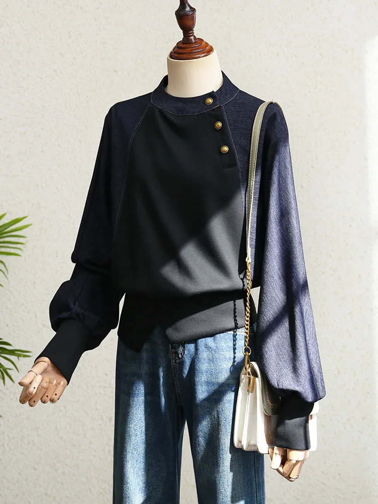 

Casual Loose Women's Denim irt Autumn Winter New Sle Small Stand Collar Versatile Slimming Casual Faionable Top