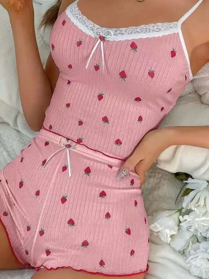 Sexy Women's Shorts Sets Lace Border Bowknot Strawberry Print Backless Deep V Suspenders Sleeveless Two-Piece Shorts Sets JK1J