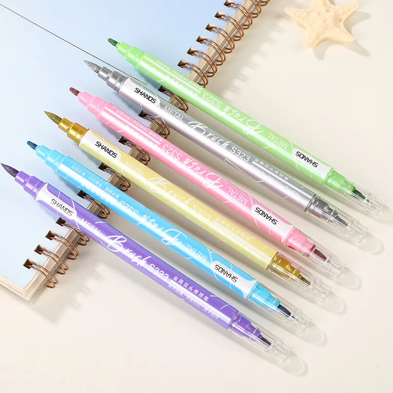 6pcs Dual-Tip Metallic Brush Pens Soft Calligraphy Markers for Journaling Lettering DIY Art School Supplies